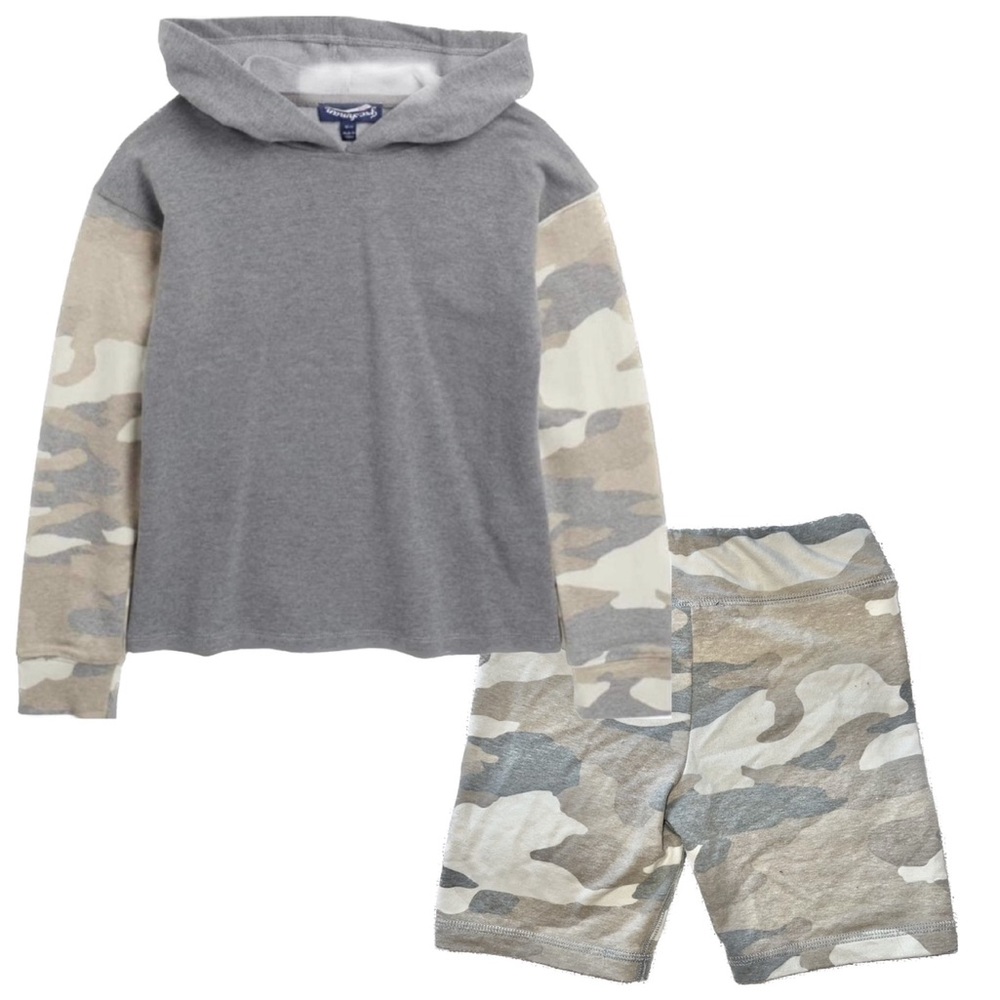 FRESHMAN Gray and Cream Beige camo Hoodie and Biker Shorts Set